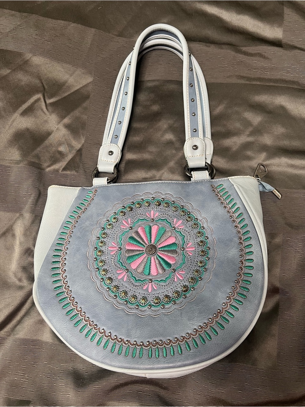 Montana West Concealed Carry Embroidered Round Shoulder Bag in Light Blue
